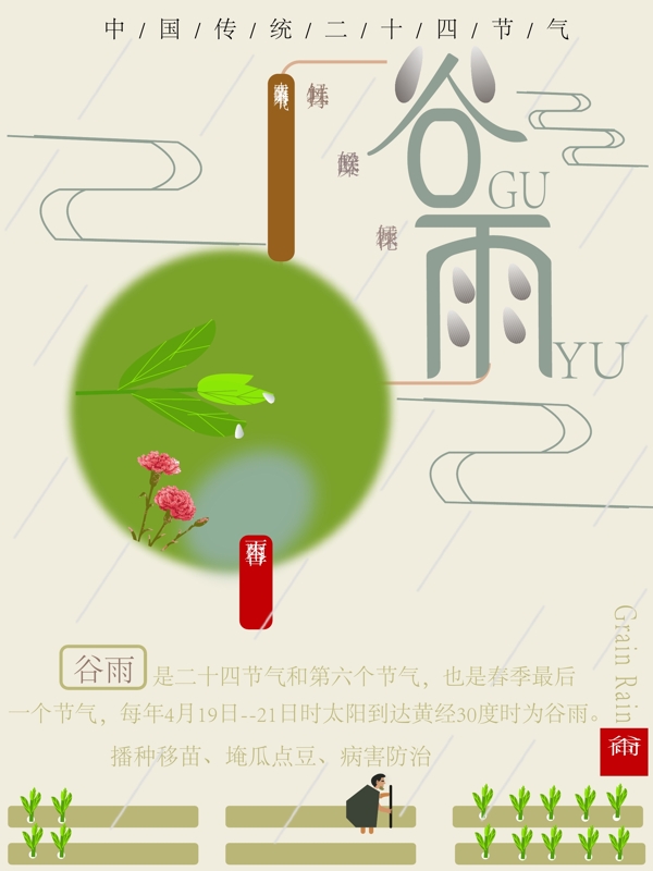 中国传统二十四节气谷雨清新海报