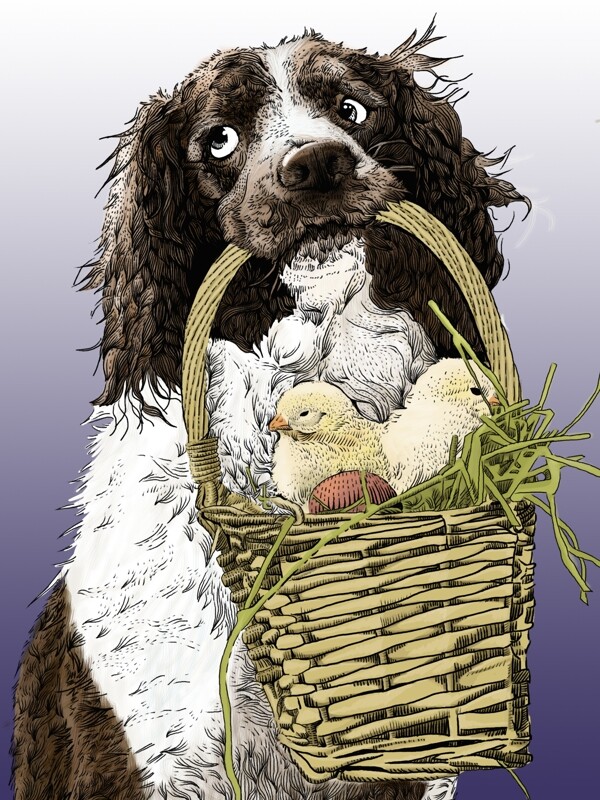可爱狗狗叼篮子插画