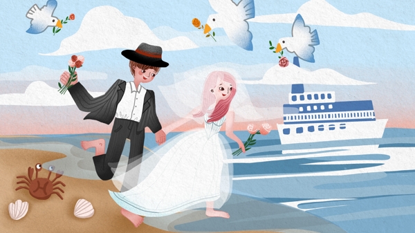 浪漫婚礼季夫妻在海边奔跑温馨插画