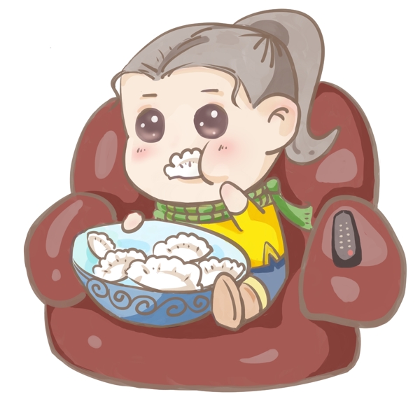 冬至在家吃饺子看电视的胖妹妹