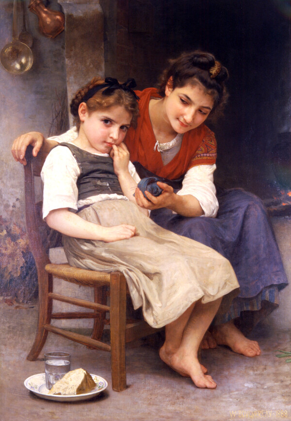女人与小女孩肖像油画图片