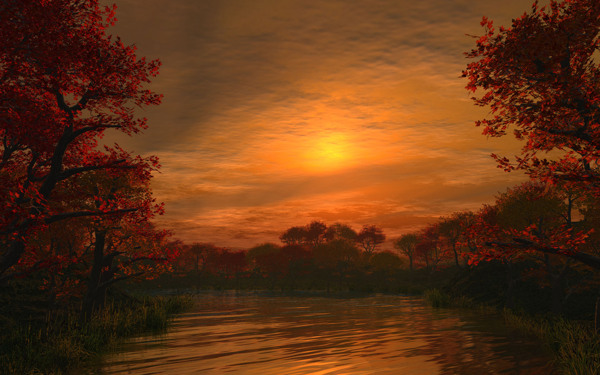 黄昏夕阳湖景壁纸