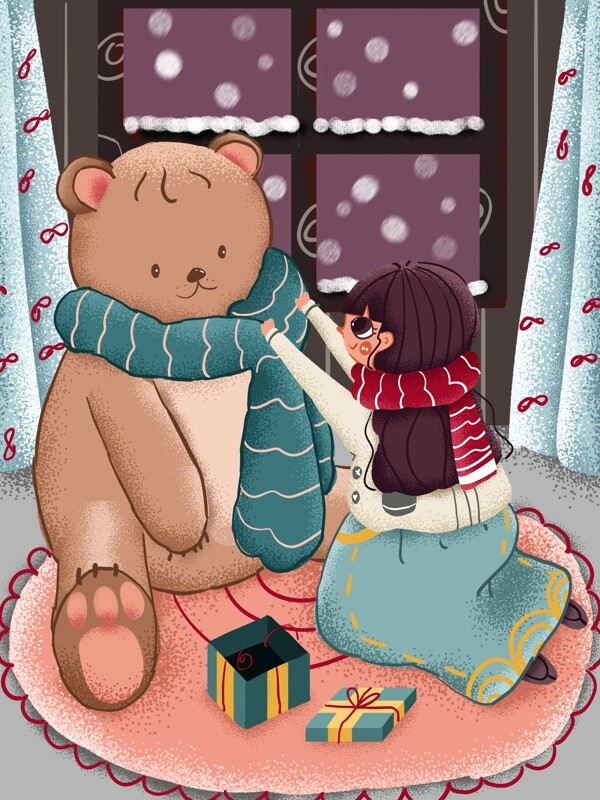 冬天你好女孩下雪天给玩具熊围围巾