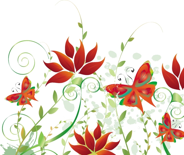 花朵蝴蝶红色中国风卡通植物矢量文件