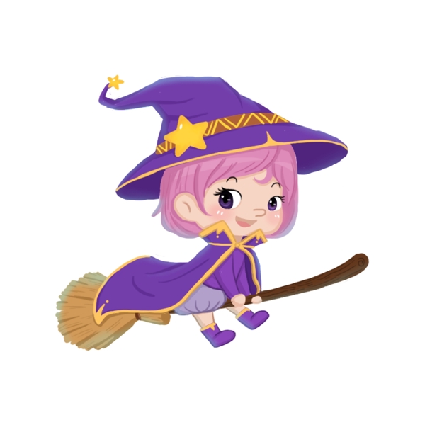 原创手绘骑着扫帚的魔法师可爱小女巫