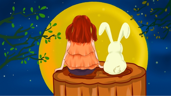 中秋节坐在月饼上赏月的小女孩和小兔子卡通