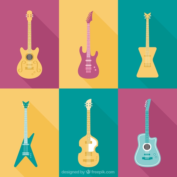 6种扁平化手绘电吉他矢量设计素材