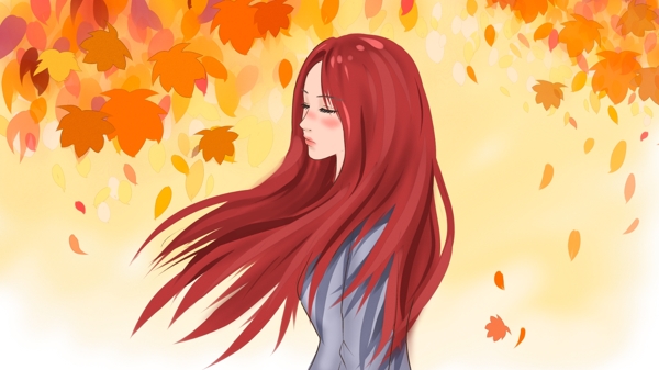 秋分时节树下头发飞扬的少女原创插画
