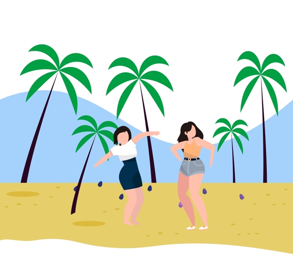 卡通风格夏季女人沙滩度假元素