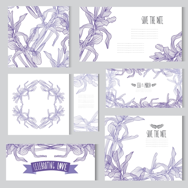 紫色植物花朵婚礼卡片模板