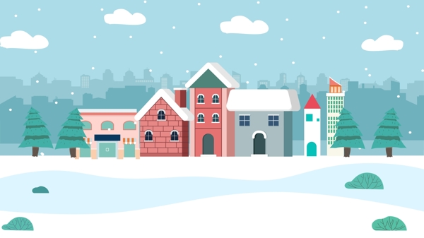 手绘冬天城市雪景背景素材