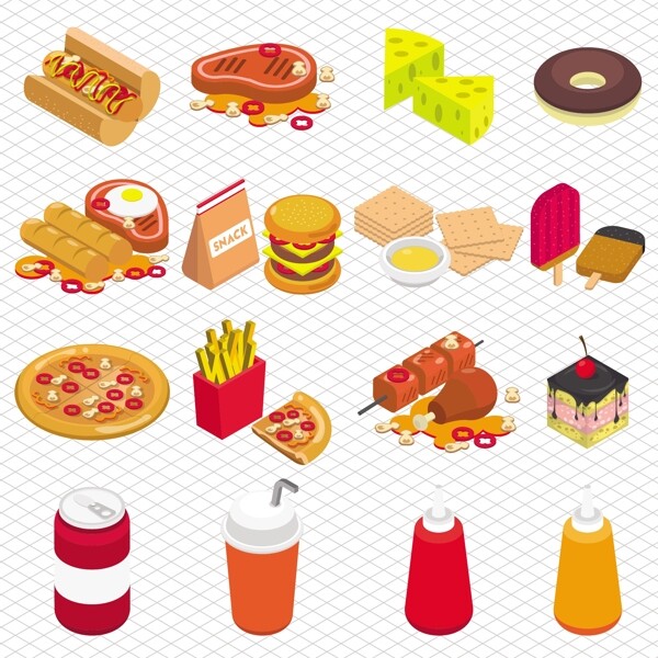 三维立体图形中垃圾食品图形的图示