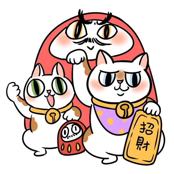 日式财神和招财猫卡通插画