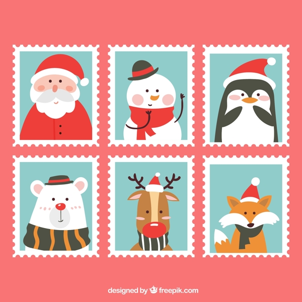 6款可爱圣诞角色邮票矢量素材