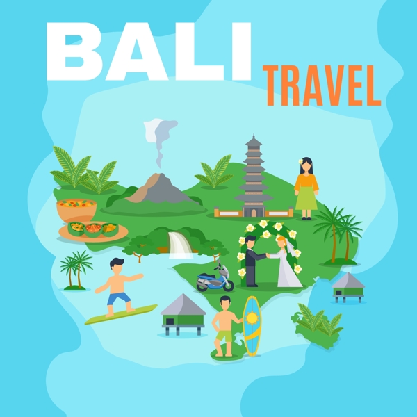 巴厘岛特色旅行风景插画