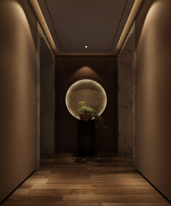 现代客厅走廊装修深褐背景墙室内装修效果图