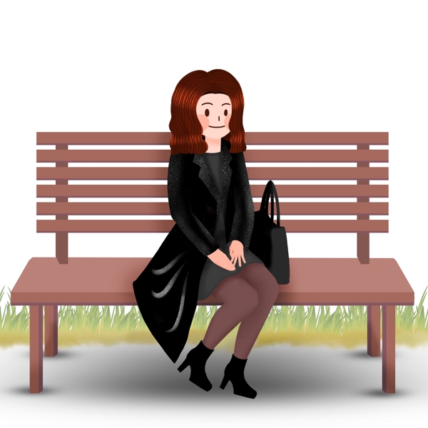 手绘可爱卡通坐在长椅上的女孩儿