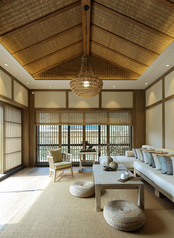 素雅原木质感中式风格客厅榻榻米效果图
