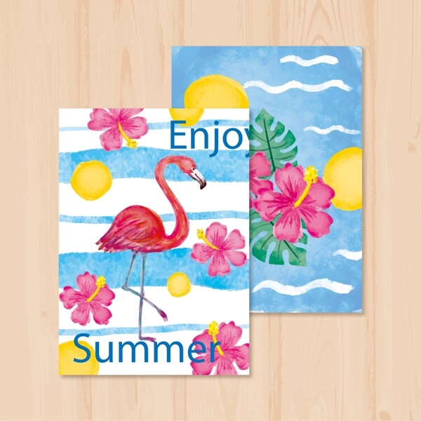 水彩夏季火烈鸟花卉卡片