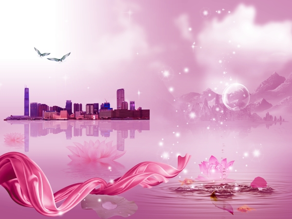 粉色梦幻丝带荷花城市云海报背景