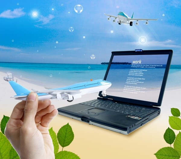 笔记本飞机模型手天空海滩海边