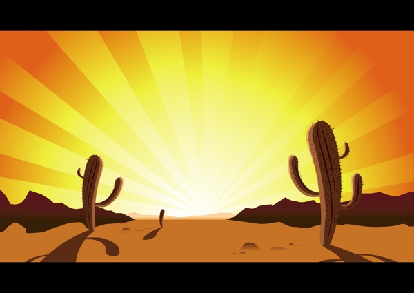 日落时沙漠中的仙人掌矢量素材