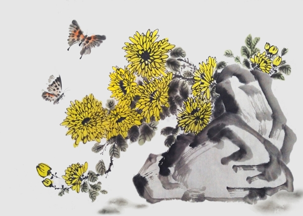 菊花蝴蝶水彩复古背景海报素材图片