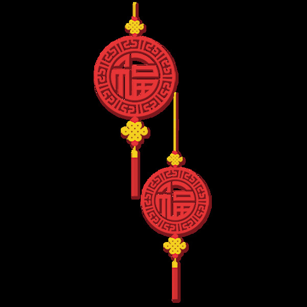 黄色中国结红色福字结元素PNG