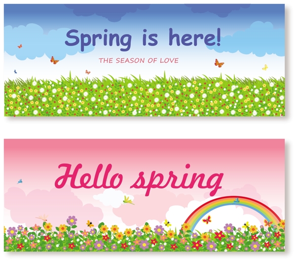 春天的背景设置与花卉场自由向量插图