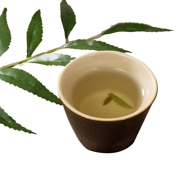 绿色枝叶和茶杯免抠图