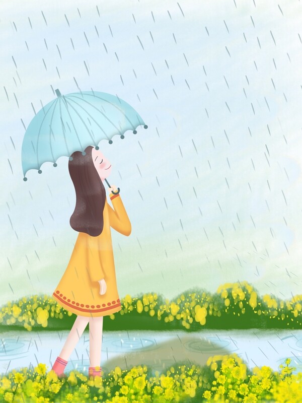 春季雨水油菜花打伞女孩背景