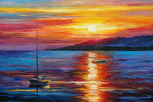 浪漫海景夕阳风景油画图片