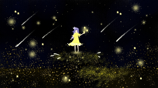 夜空流星黄色裙子小女孩卡通背景