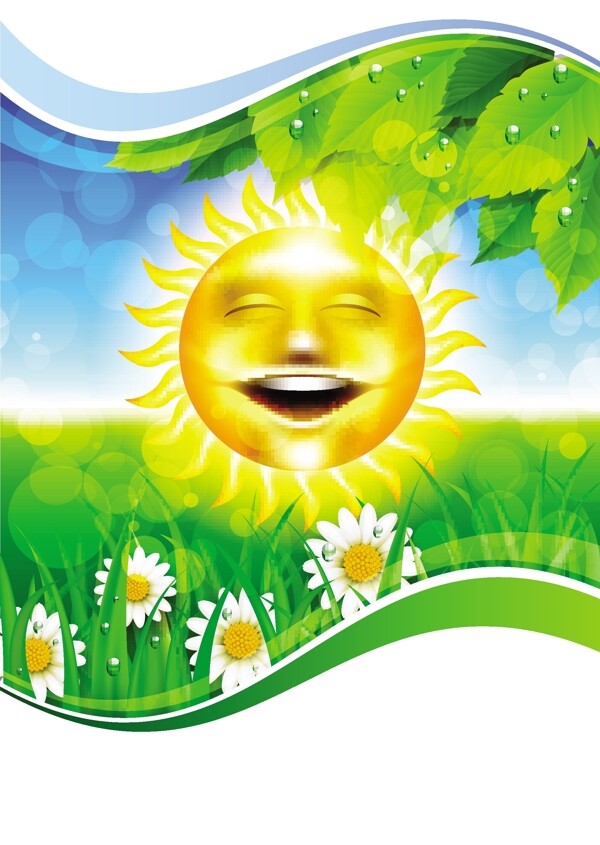 绿叶草地鲜花太阳表情图片