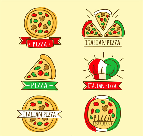 6款手绘意大利披萨标签矢量图