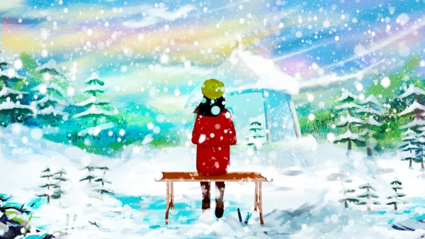 唯美清新冬季雪景创意冬日私语女孩插画