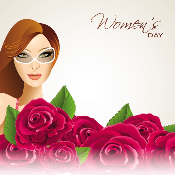 三八妇女节贺卡或海报与现代时尚的眼镜女孩玫瑰装饰背景设计