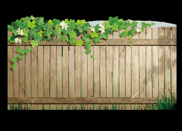 清新绿色叶子木头围墙png元素