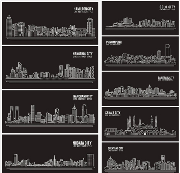 城市线描矢量建筑景观