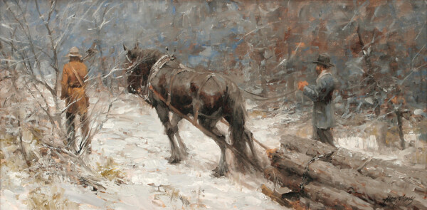 雪地上拉木材的马匹油画图片