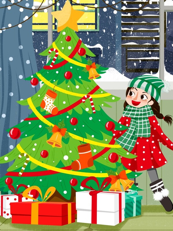 西方节日圣诞节女孩看圣诞树插画
