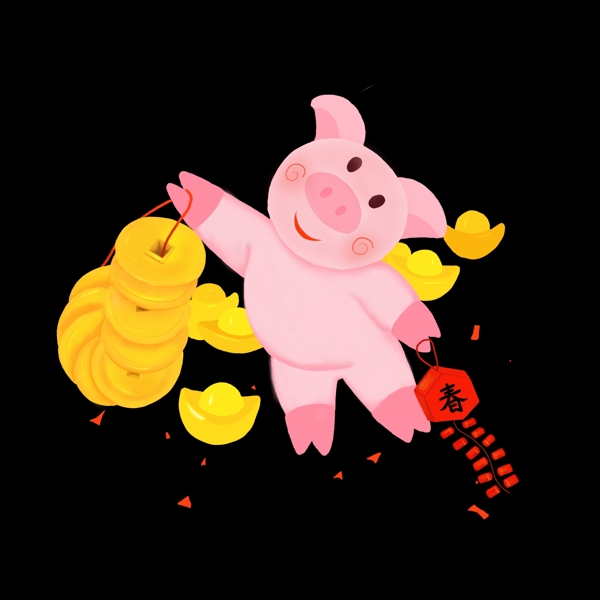 猪铜钱手绘卡通人物PNG素材