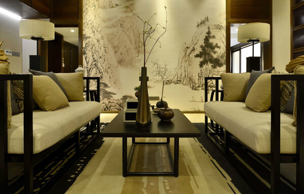 别墅客厅中式古典实木风格客厅茶几效果图