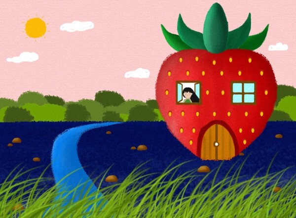 草莓无卡通风景插画