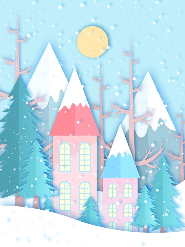 大雪剪纸风插画雪中的山前树林小屋
