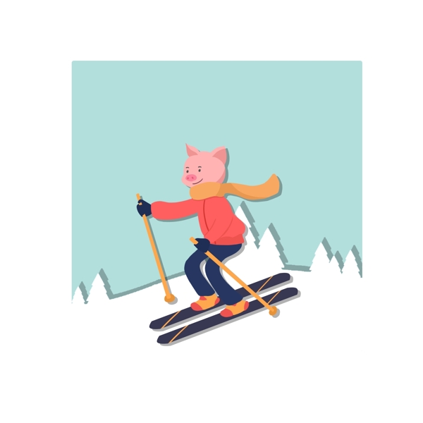 原创冬季元素小猪滑雪可商用