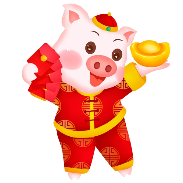 卡通手绘拿着金元宝和红包的猪