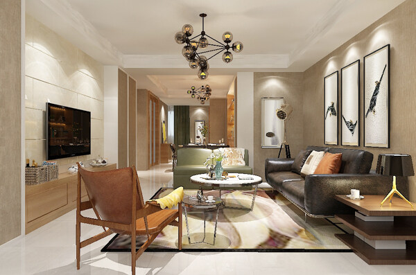 现代风格中式客厅空间效果图沙发吊灯