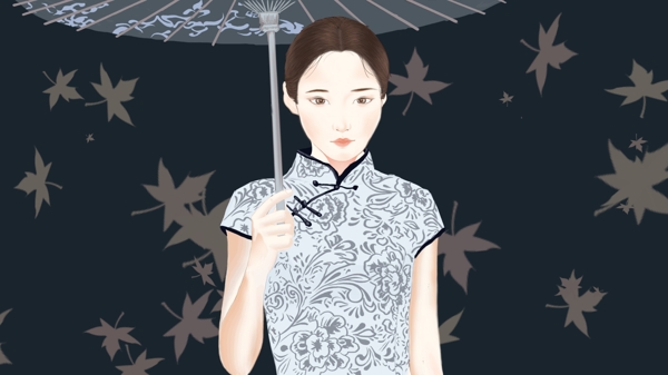 简约细腻写实秋风吹打伞的旗袍女人插画