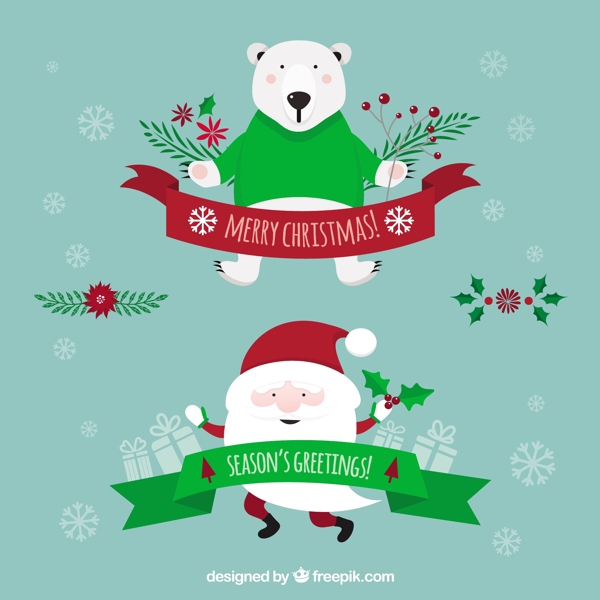 可爱的圣诞老人和北极熊丝带